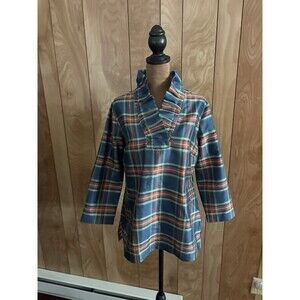 Devon Baer 100% silk tunic top with a ruffle collar Size Medium Plaid